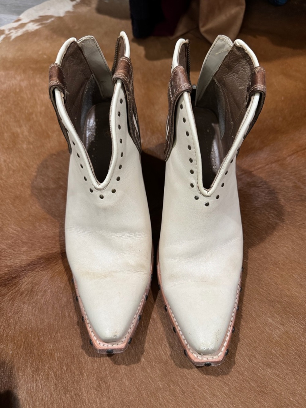 Ariat Cream and Brown Studded Western Ankle Booties - Picture 2 of 5